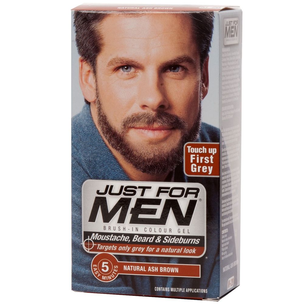 Produktverpackung mit Mann. Aufschrift: JUST FOR MEN, Brush-In Color Gel, für Bart und Schnurrbart. Farbe: Natural Ash Brown.