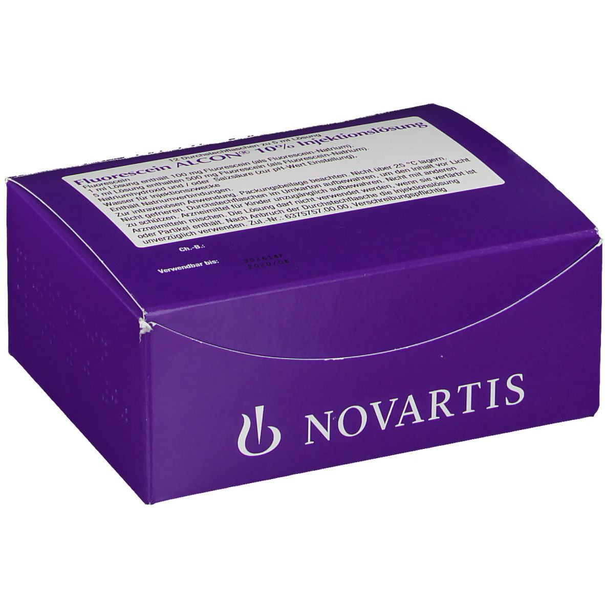 Violette Faltschachtel mit weißem Etikett. Aufschrift: Fluorescein ALCON 10% Injektionslösung. Novartis-Logo.