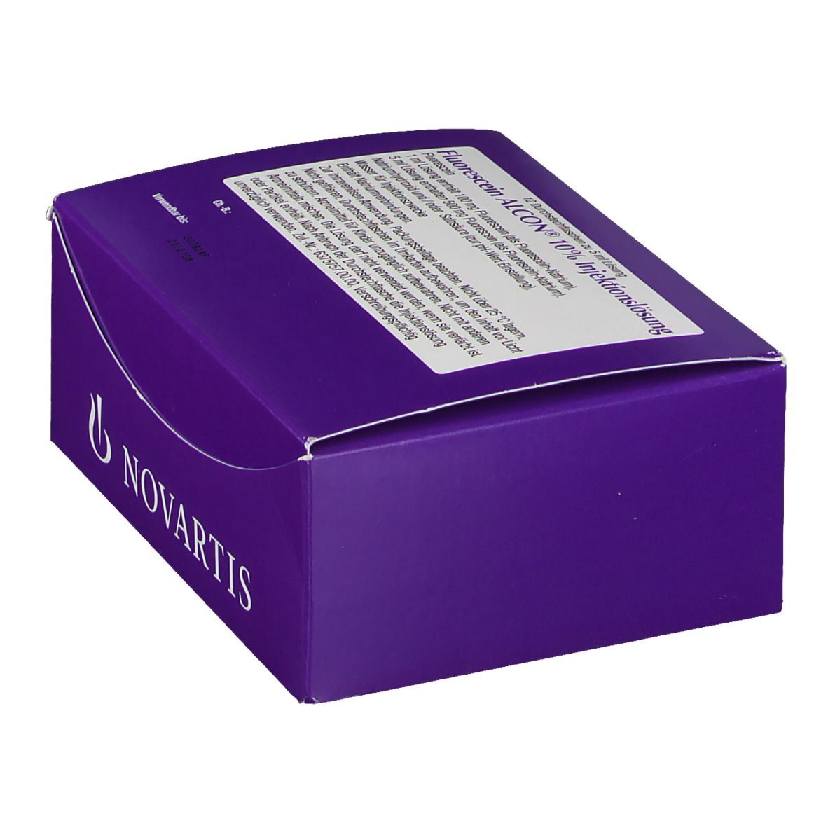 Violette Faltschachtel mit weißem Etikett. Aufschrift: Fluorescein ALCON 10% Injektionslösung. Novartis-Logo.