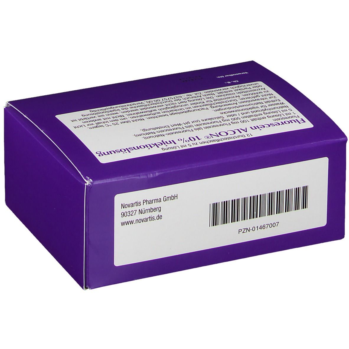 Violette Faltschachtel mit weißem Etikett und Barcode. Aufschrift: Fluorescein ALCON 10% Injektionslösung. Novartis-Logo.