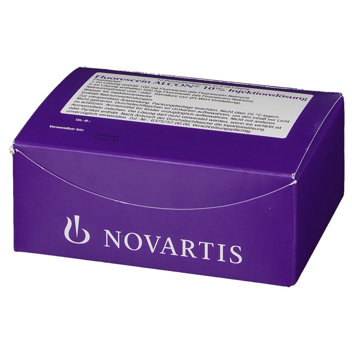 Violette Faltschachtel mit weißem Etikett. Aufschrift: Fluorescein ALCON 10% Injektionslösung. Novartis-Logo.