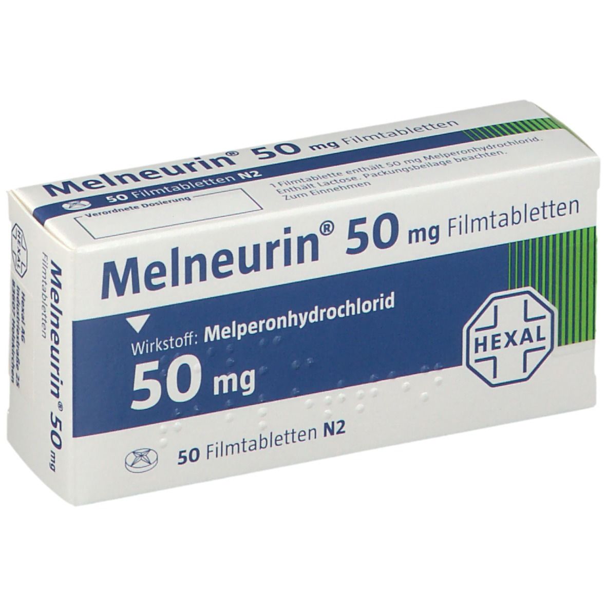 Schachtel Melneurin 50 mg Filmtabletten. Blaue und weiße Verpackung mit Produktnamen und Dosierung. Hexal-Logo.