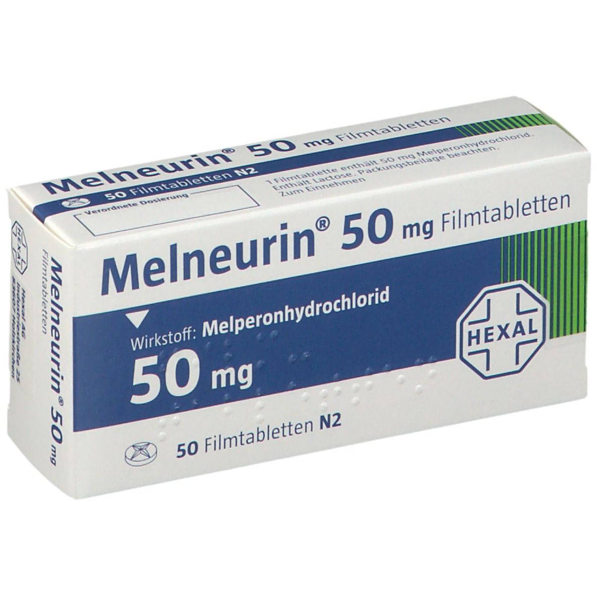 Schachtel Melneurin 50 mg Filmtabletten. Blaue und weiße Verpackung mit Produktnamen und Dosierung. Hexal-Logo.