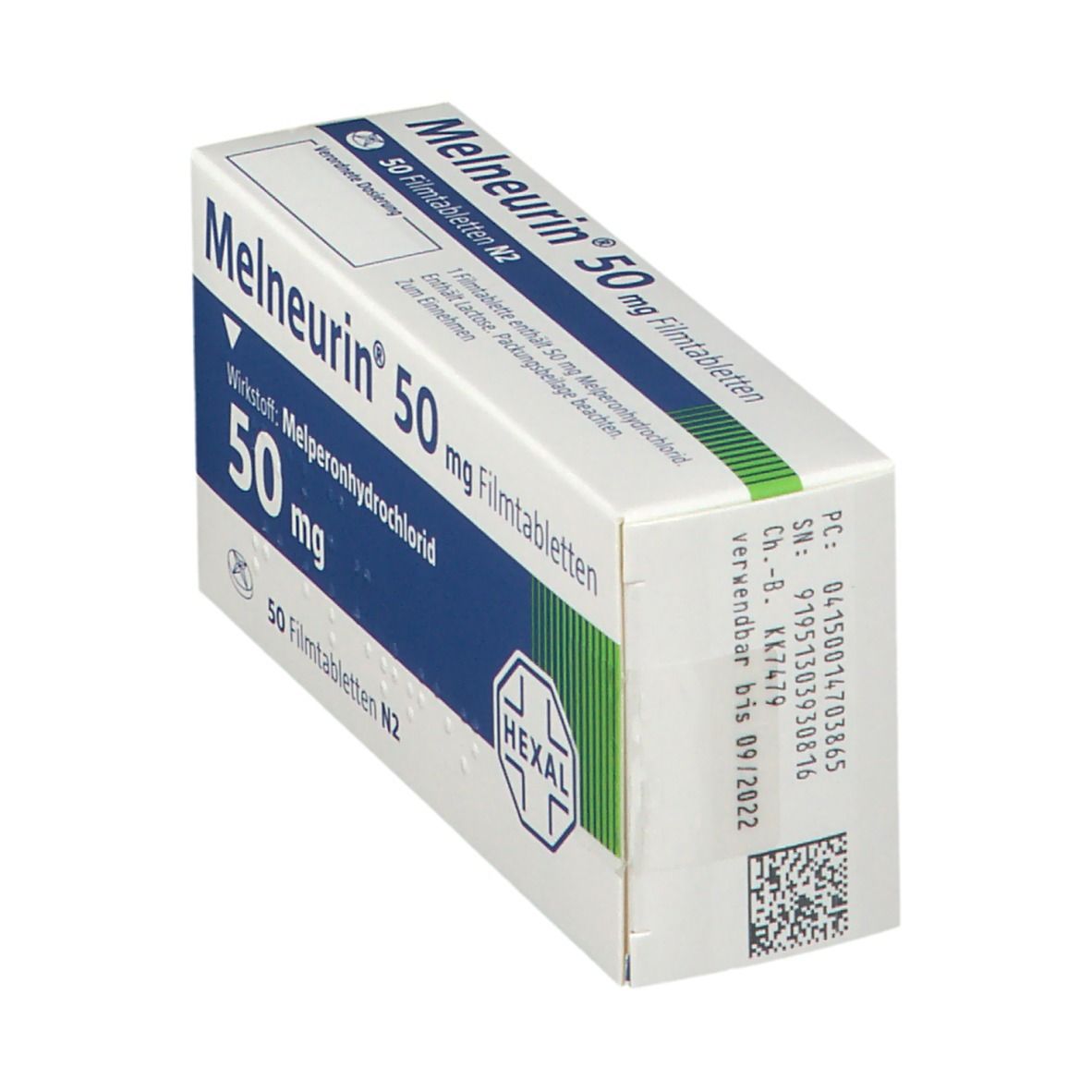 Schachtel Melneurin 50 mg Filmtabletten. Verpackung schräg von oben. Produktname, Dosierung und Hexal-Logo sichtbar.