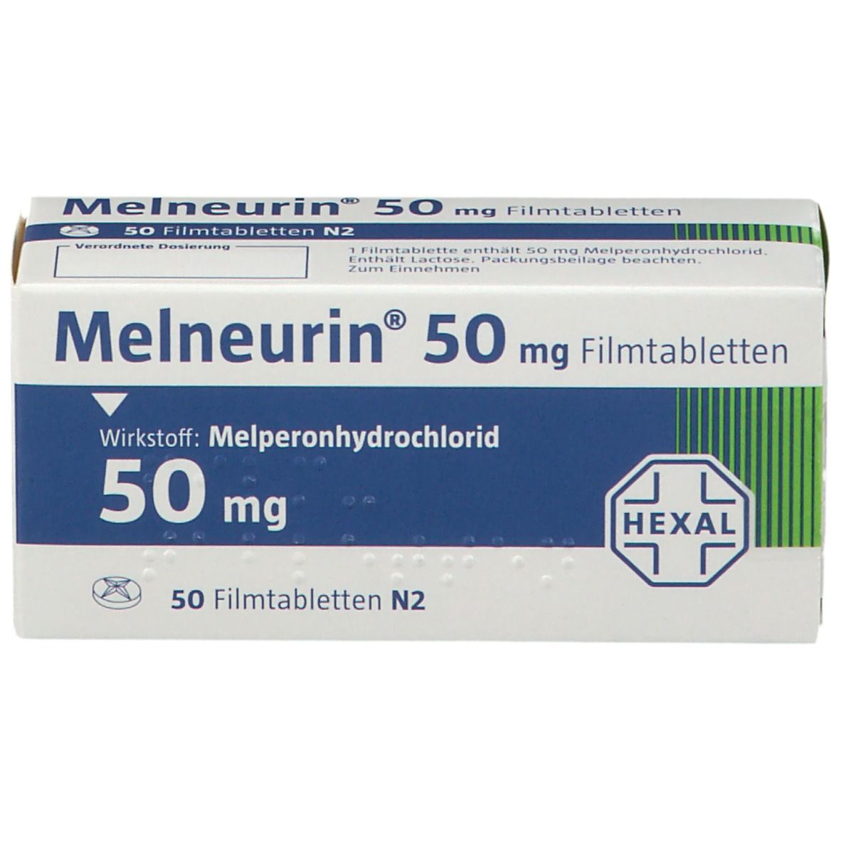 Schachtel Melneurin 50 mg Filmtabletten. Blaue und weiße Verpackung mit Produktnamen und Dosierung. Hexal-Logo.
