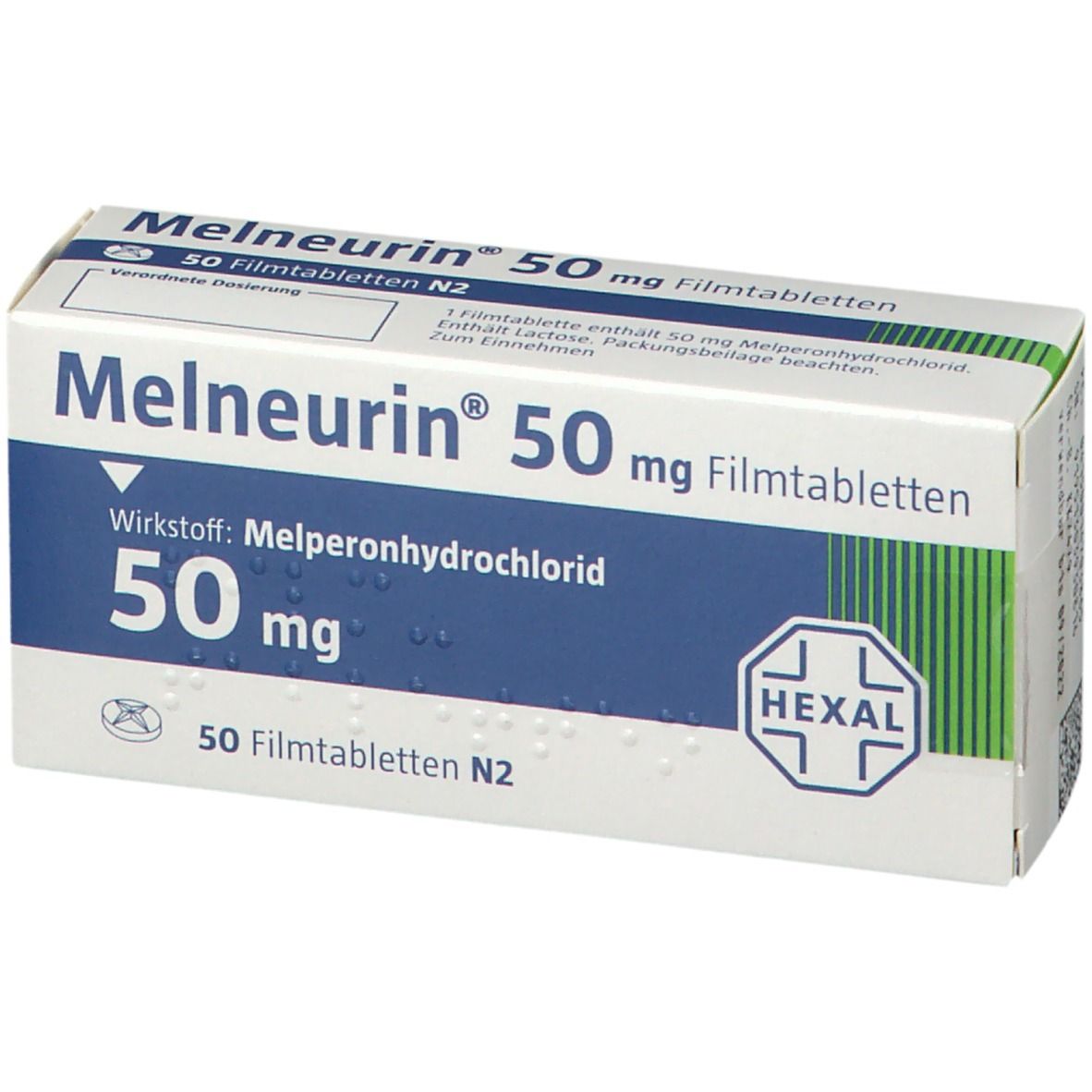 Schachtel Melneurin 50 mg Filmtabletten. Blaue und weiße Verpackung mit Produktnamen und Dosierung. Hexal-Logo.