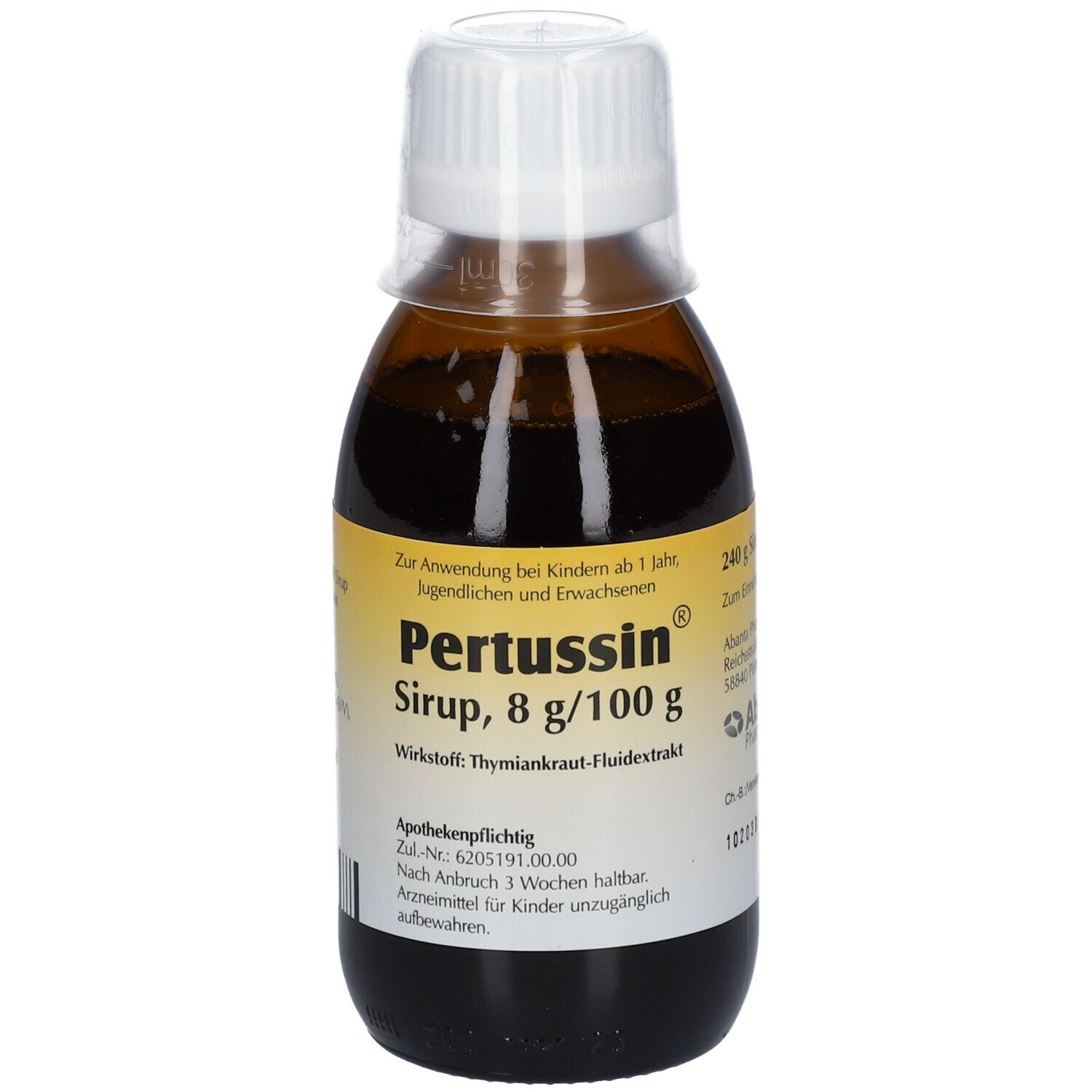 Braune Flasche Pertussin® Sirup mit weißem Deckel. Gelbes Etikett mit Produktinformationen.