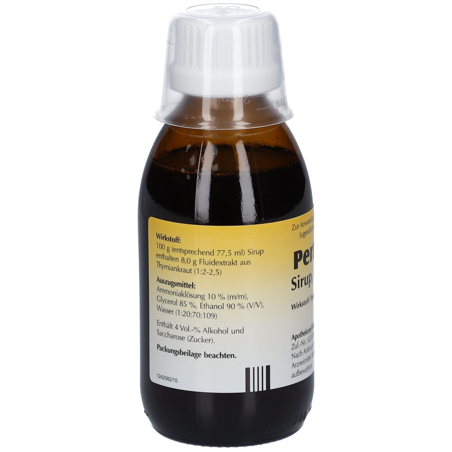 Braune Flasche Pertussin® Sirup mit weißem Deckel. Gelbes Etikett mit Produktinformationen.