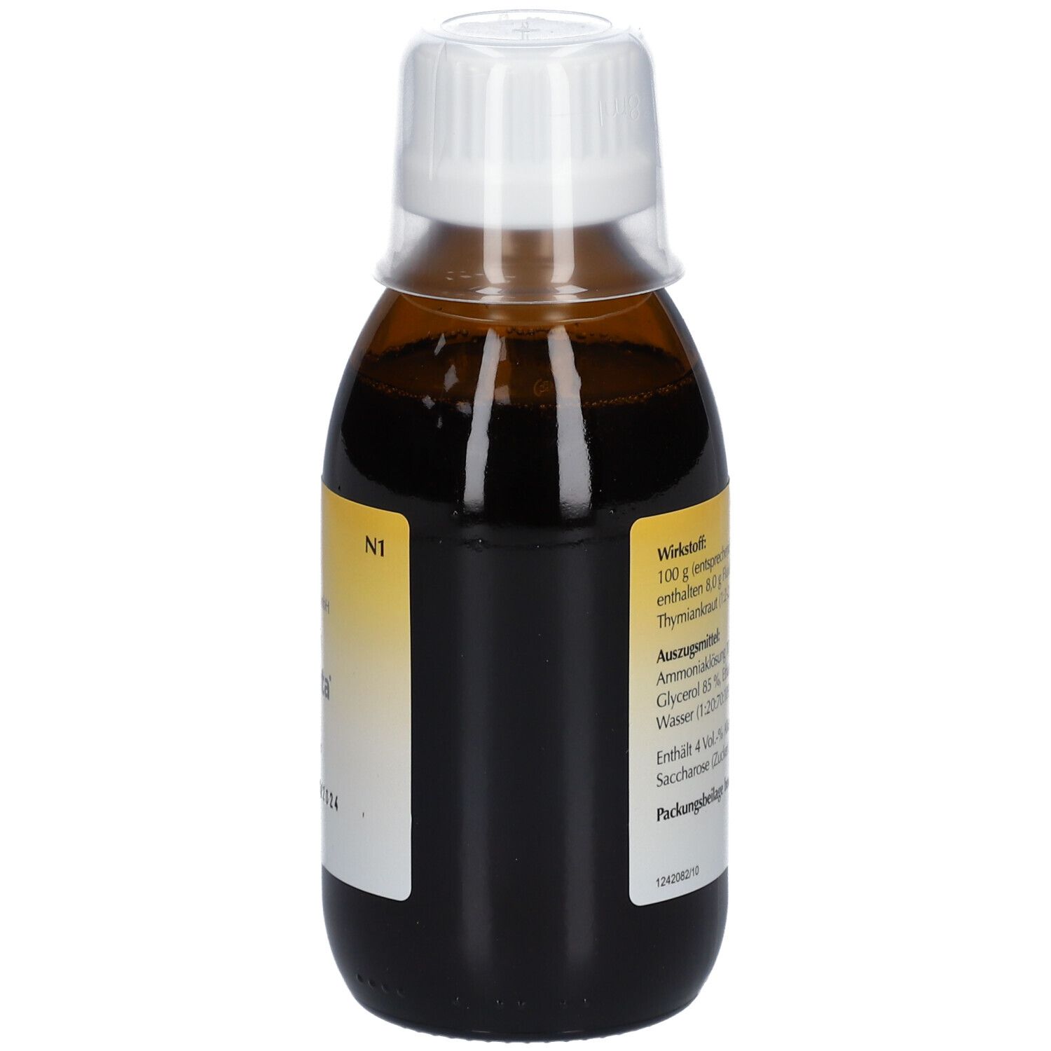 Braune Flasche Pertussin® Sirup mit weißem Deckel. Gelbes Etikett mit Produktinformationen.