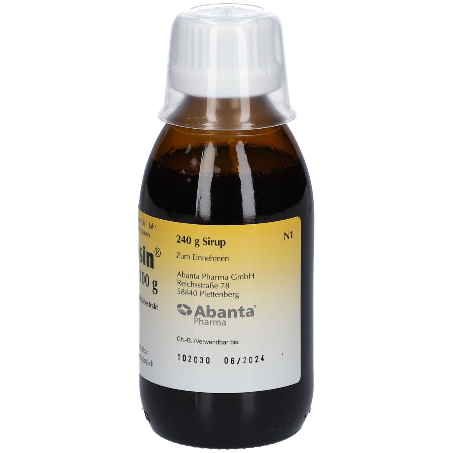 Braune Flasche Pertussin® Sirup mit weißem Deckel. Gelbes Etikett mit Produktinformationen.