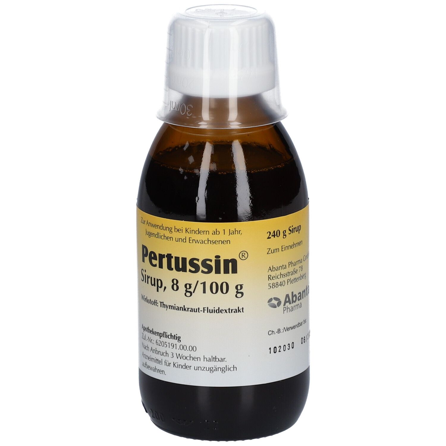 Braune Flasche Pertussin® Sirup mit weißem Deckel. Gelbes Etikett mit Produktinformationen.