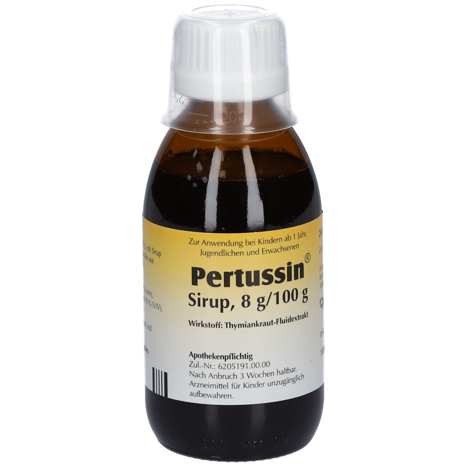 Braune Flasche Pertussin® Sirup mit weißem Deckel. Gelbes Etikett mit Produktinformationen.