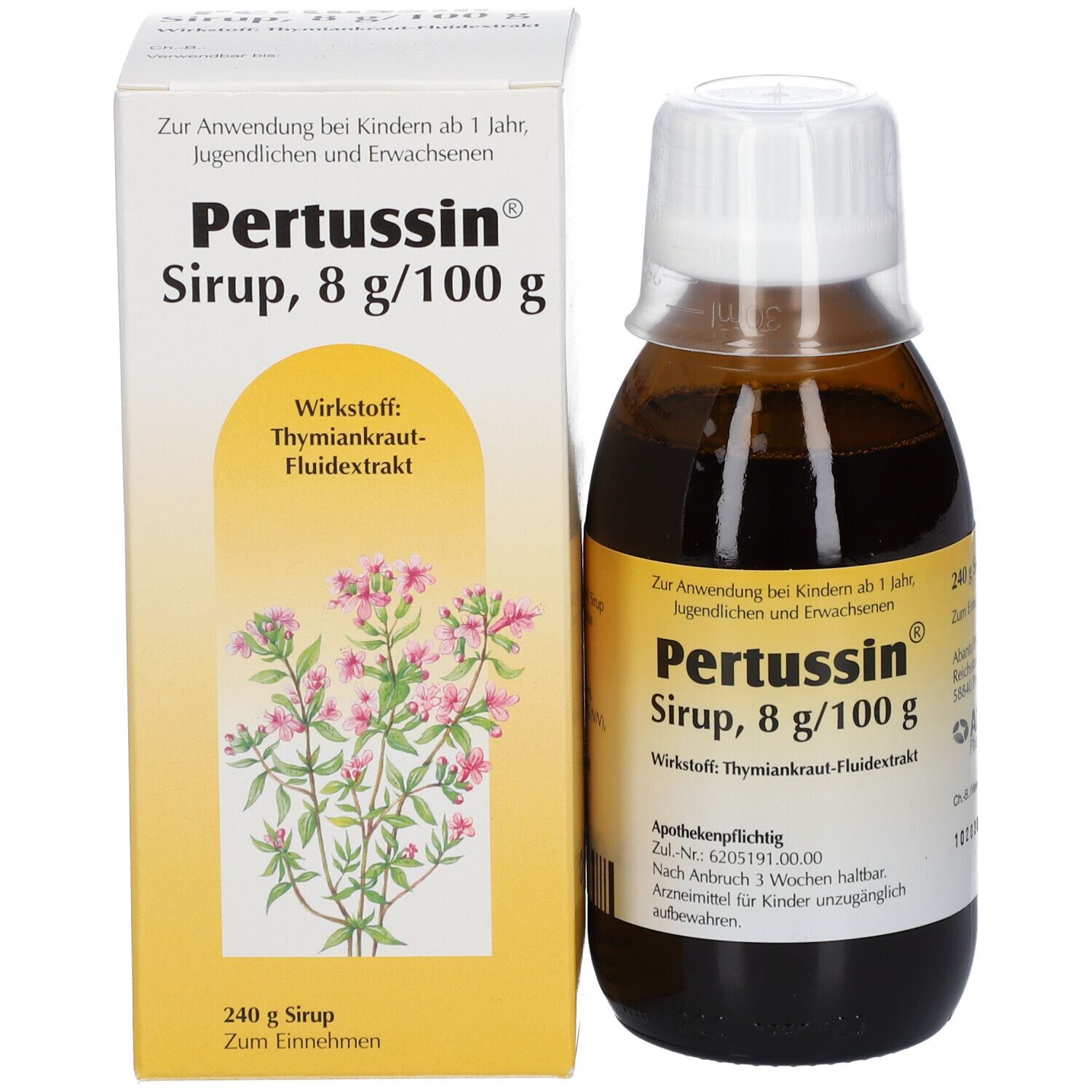 Braune Flasche Pertussin® Sirup mit weißem Deckel und gelbem Etikett. Daneben eine Schachtel mit Produktinformationen.