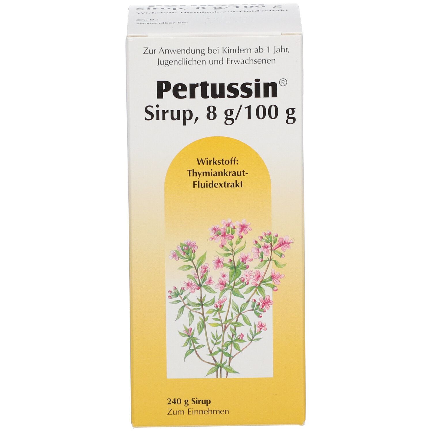 Gelbe Schachtel mit Pertussin® Sirup. Produktname und Informationen sind auf der Verpackung abgebildet.