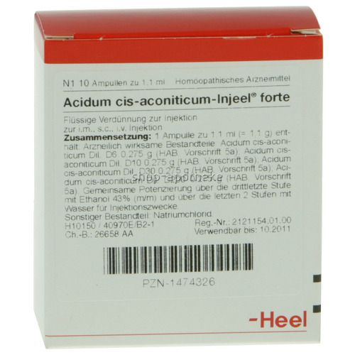 Karton mit Produktinformationen. Aufschrift: Acidum cis-aconiticum-Injeel forte. Marke: Heel. Homöopathisches Arzneimittel.