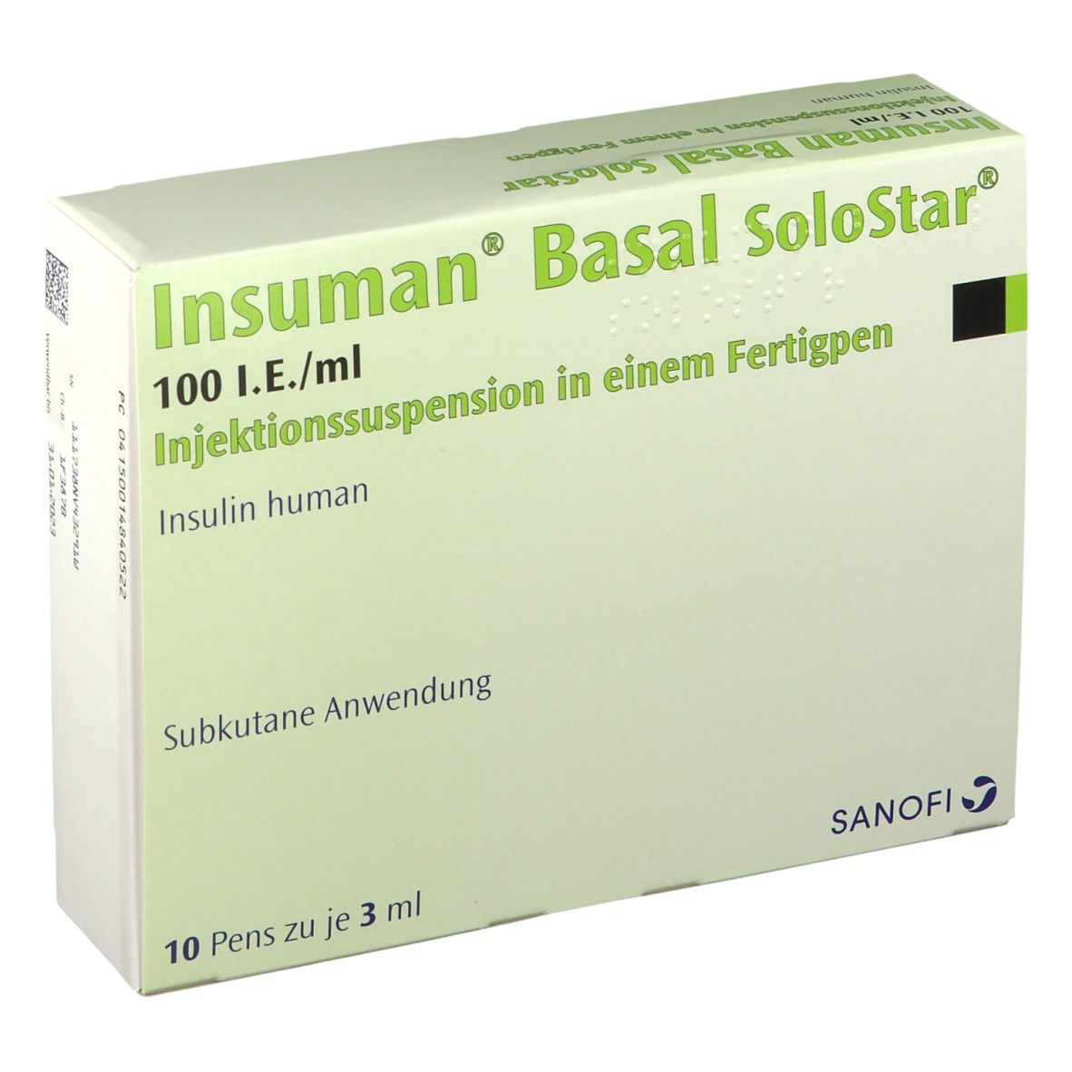 Verpackung von Insuman® Basal SoloStar. Aufschrift: 100 I.E./ml, Injektionssuspension, Insulin human. Sanofi Logo.