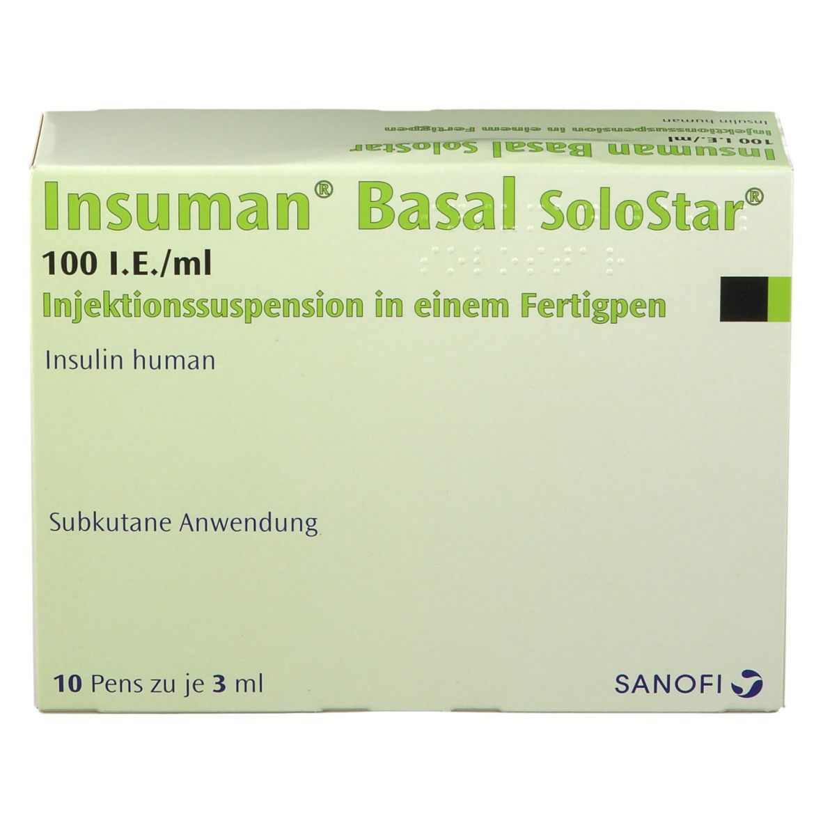 Verpackung von Insuman® Basal SoloStar. Aufschrift: 100 I.E./ml, Injektionssuspension, Insulin human. Sanofi Logo.