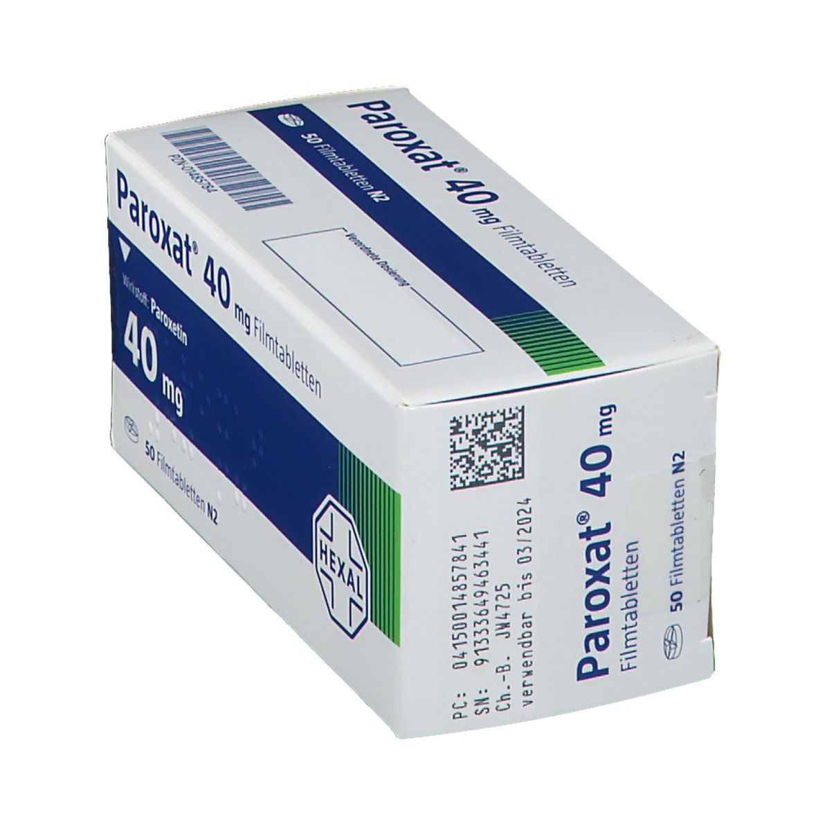 Schachtel Paroxat® 40 mg Filmtabletten. Weiß, blaue und grüne Akzente. Text: Paroxat 40 mg, 50 Filmtabletten. Herstellerlogo Hexal.