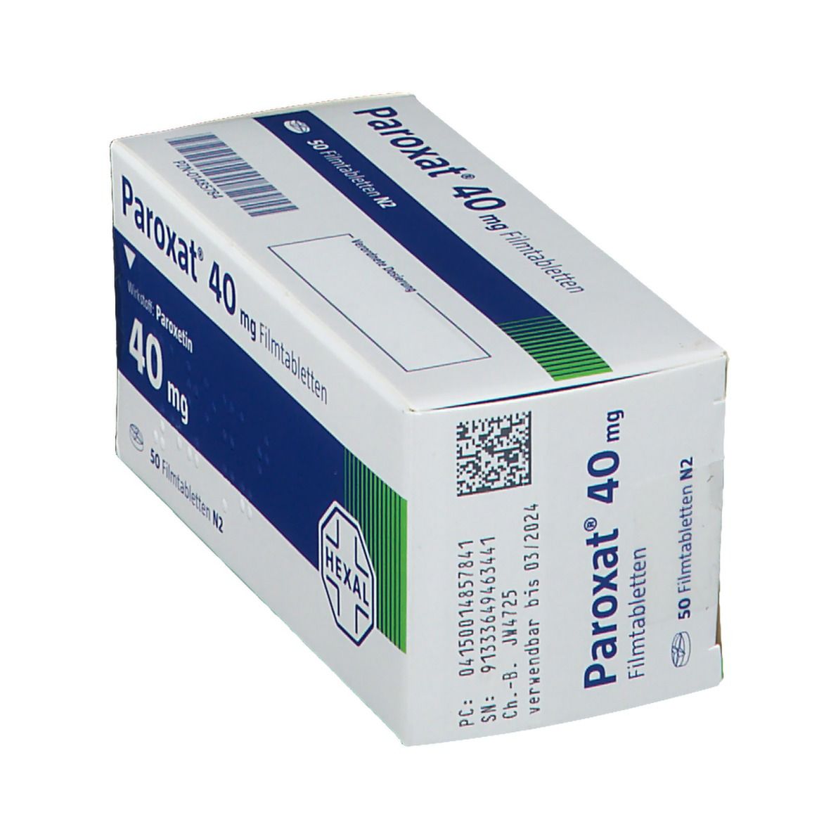 Schachtel Paroxat® 40 mg Filmtabletten. Weiß, blaue und grüne Akzente. Text: Paroxat 40 mg, 50 Filmtabletten. Herstellerlogo Hexal.