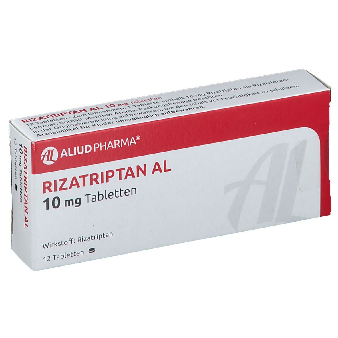 Rizatriptan AL 10 mg Tabletten-Packung. Weiß-rot. AL-Logo. 12 Tabletten. Wirkstoff: Rizatriptan. Text auf der Packung.