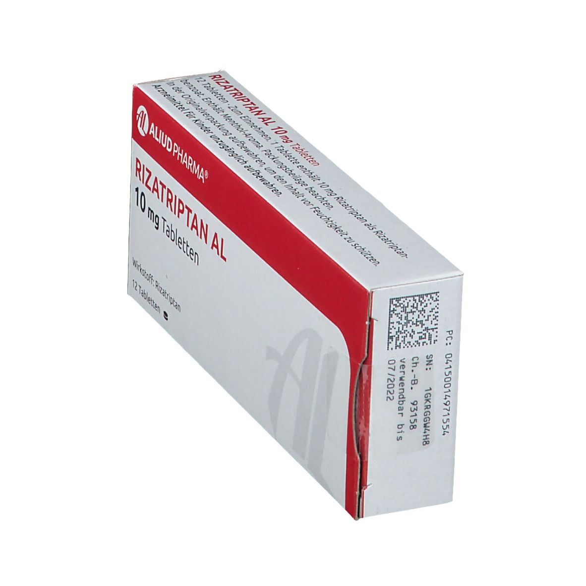 Rizatriptan AL 10 mg Tabletten-Packung. Weiß-rot. AL-Logo. 12 Tabletten. Wirkstoff: Rizatriptan. Packung schräg.