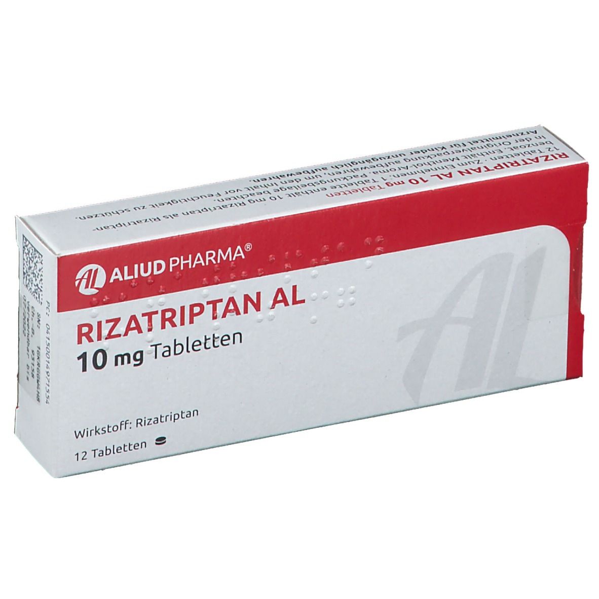 Rizatriptan AL 10 mg Tabletten-Packung. Weiß-rot. AL-Logo. 12 Tabletten. Wirkstoff: Rizatriptan. Packung.