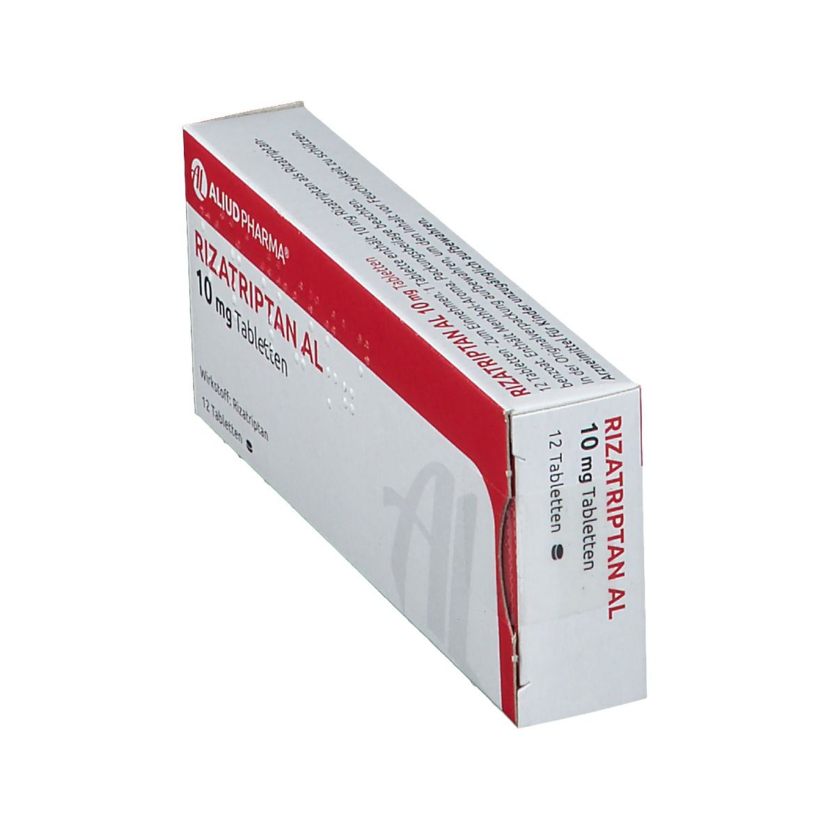 Rizatriptan AL 10 mg Tabletten-Packung. Weiß-rot. AL-Logo. 12 Tabletten. Wirkstoff: Rizatriptan. Packung schräg.
