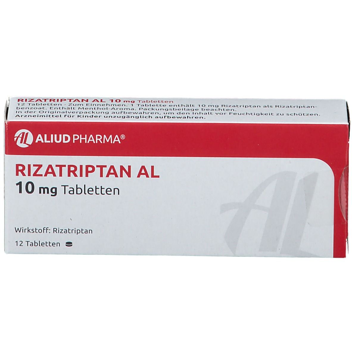 Rizatriptan AL 10 mg Tabletten-Packung. Weiß-rot. AL-Logo. 12 Tabletten. Wirkstoff: Rizatriptan. Text auf der Packung.