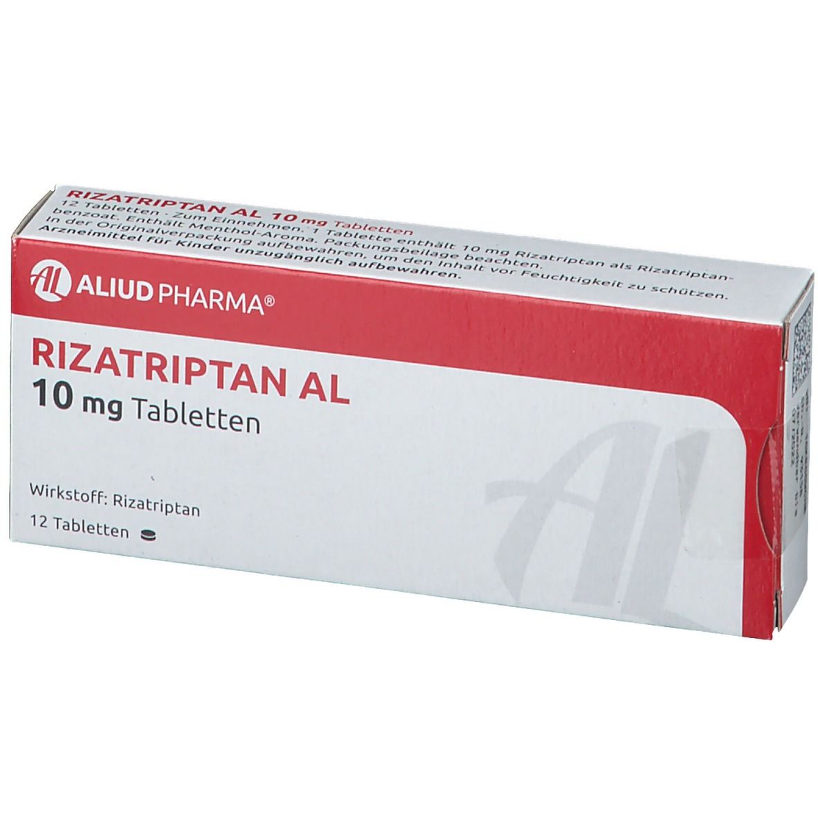 Rizatriptan AL 10 mg Tabletten-Packung. Weiß-rot. AL-Logo. 12 Tabletten. Wirkstoff: Rizatriptan. Text auf der Packung.