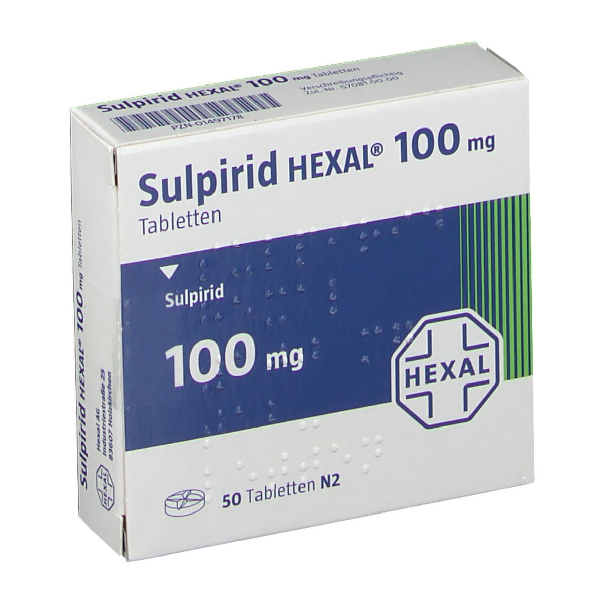 Schachtel mit Sulpirid HEXAL 100 mg Tabletten. Blaue und weiße Verpackung mit grünen Streifen. 50 Tabletten N2.