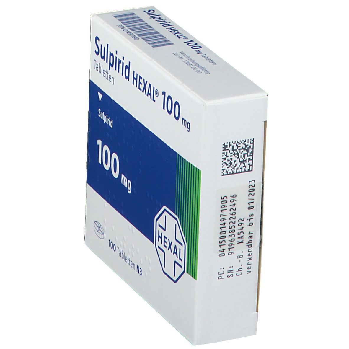 Schachtel Sulpirid HEXAL 100 mg Tabletten, schräg. Blaue und weiße Farbgebung. HEXAL Logo. Barcode und weitere Informationen.