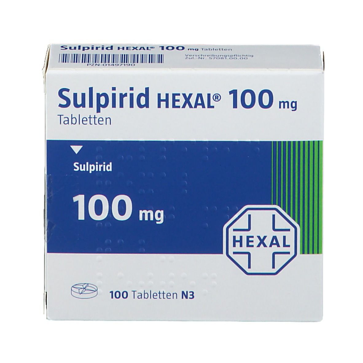 Schachtel mit Sulpirid HEXAL 100 mg Tabletten. Blaue und weiße Farbgebung. HEXAL Logo. 100 Tabletten N3.
