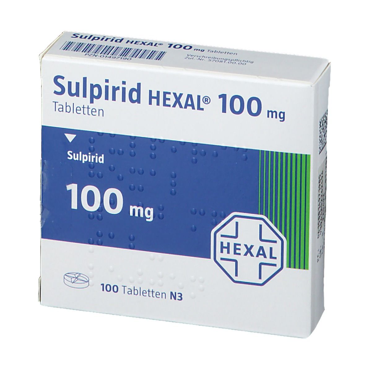 Schachtel mit Sulpirid HEXAL 100 mg Tabletten. Blaue und weiße Farbgebung. HEXAL Logo. 100 Tabletten N3.