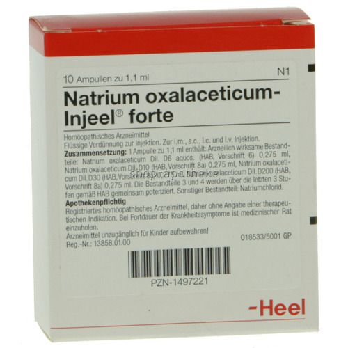 Verpackung mit 10 Ampullen. Aufschrift: Natrium oxalaceticum-Injeel forte. Apothekenpflichtig. Marke: Heel.