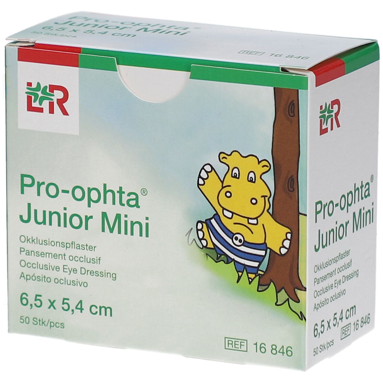 Karton von Pro-ophta Junior Mini. Aufdruck: Okklusionspflaster, 6,5 x 5,4 cm, 50 Stück. Abbildung eines Nilpferds.