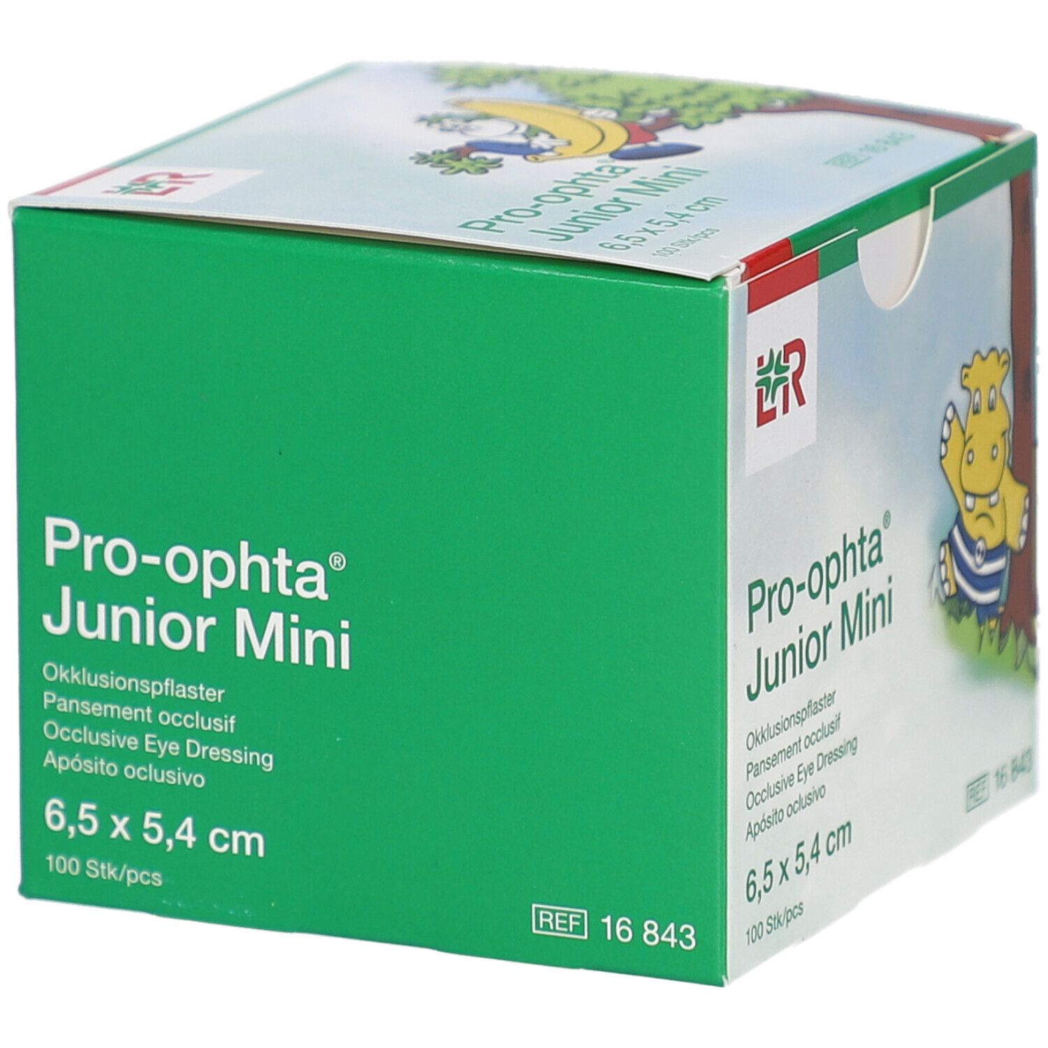 Grüne Schachtel von Pro-optha Junior Mini Okklusionspflaster. Text und Logo. Maße: 6,5 x 5,4 cm. 100 Stück.