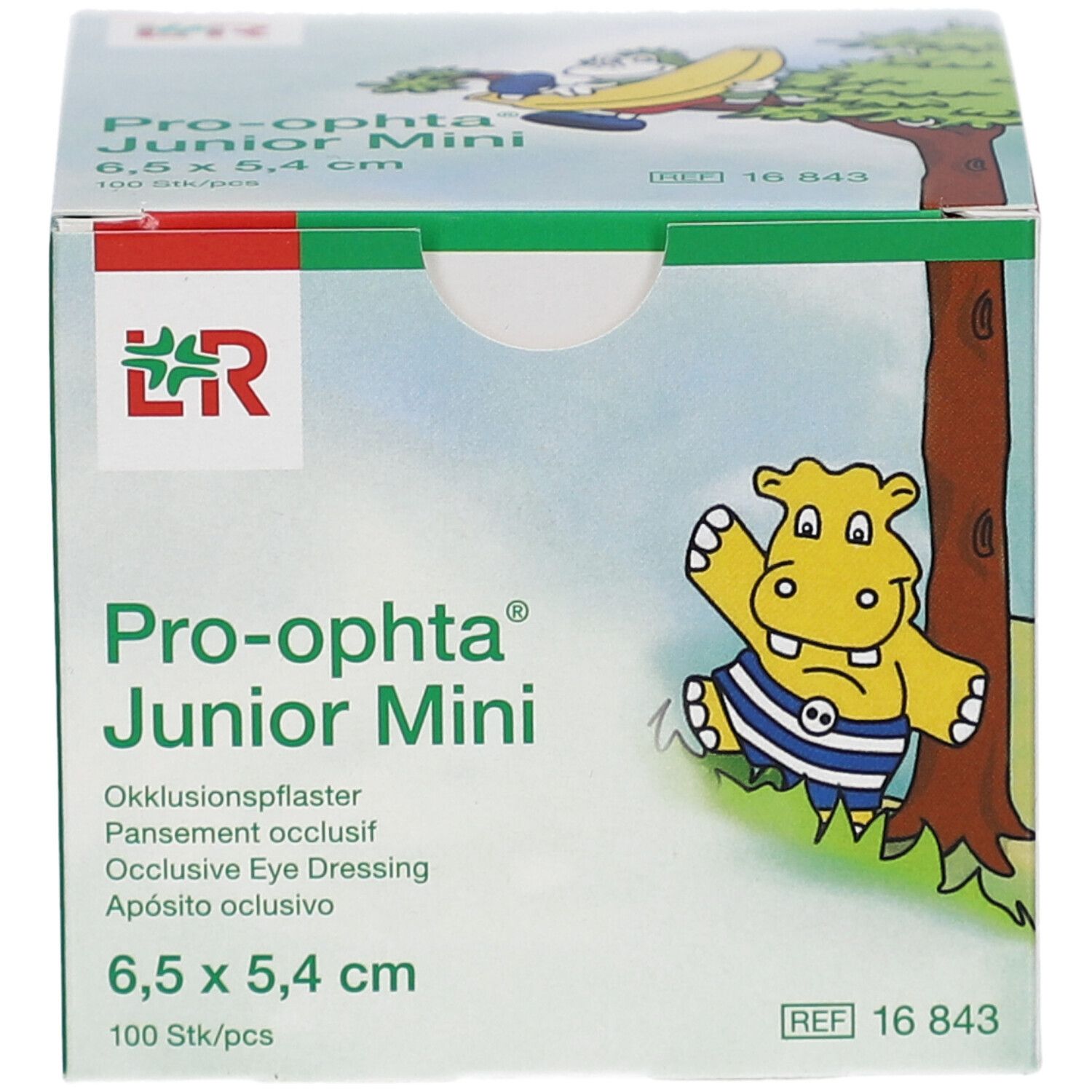 Pro-optha Junior Mini Verpackung. Abbildung eines Nilpferds. Maße: 6,5 x 5,4 cm. 100 Stück.