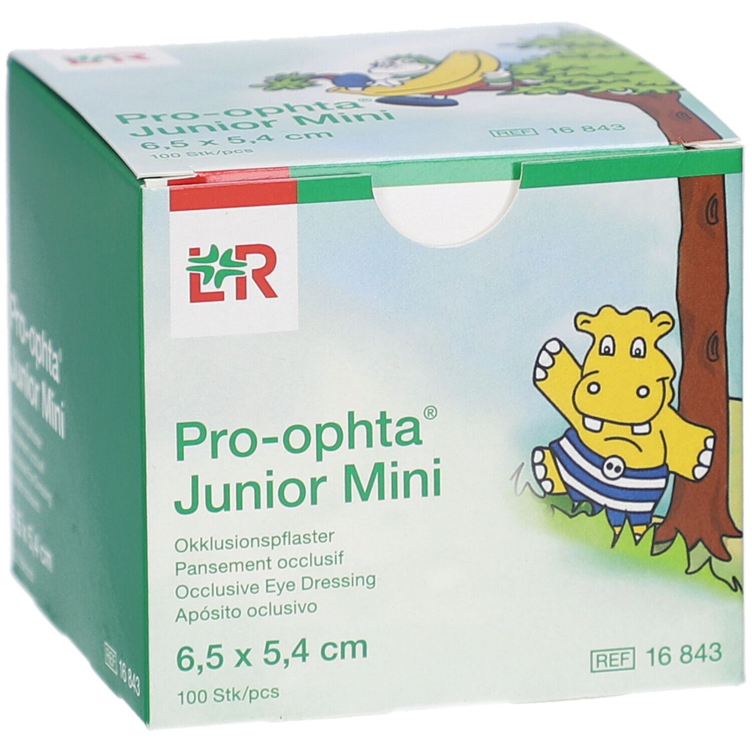 Pro-optha Junior Mini Verpackung. Abbildung eines Nilpferds. Maße: 6,5 x 5,4 cm. 100 Stück.