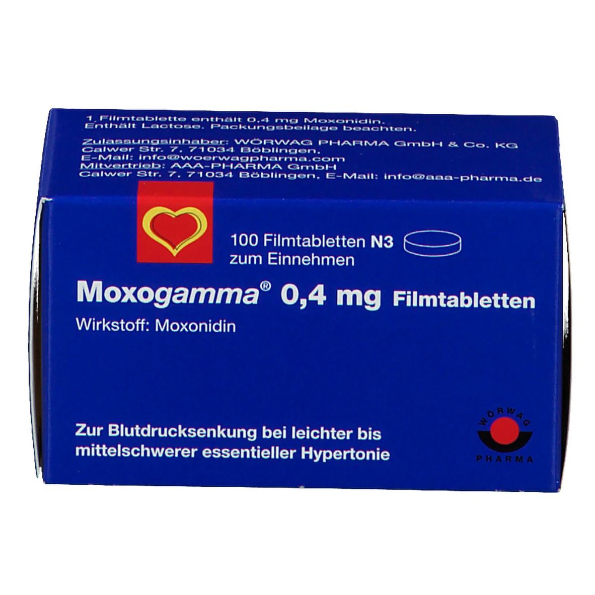 Blaue Schachtel "Moxogamma 0,4 mg Filmtabletten". Enthält 100 Tabletten. Aufschrift: "Zur Blutdrucksenkung".