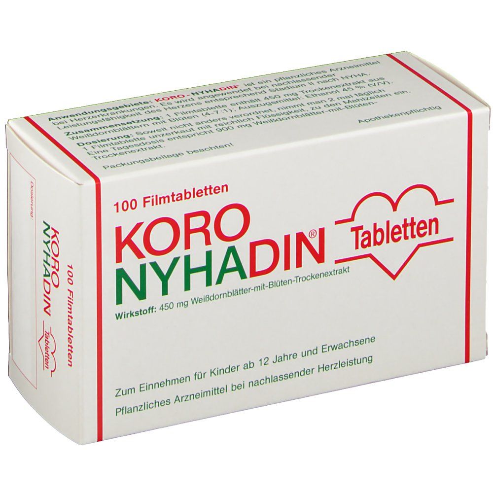 Weiße Tablettenbox mit roter und grüner Schrift. Aufschrift: KORO NYHADIN Tabletten. 100 Filmtabletten.