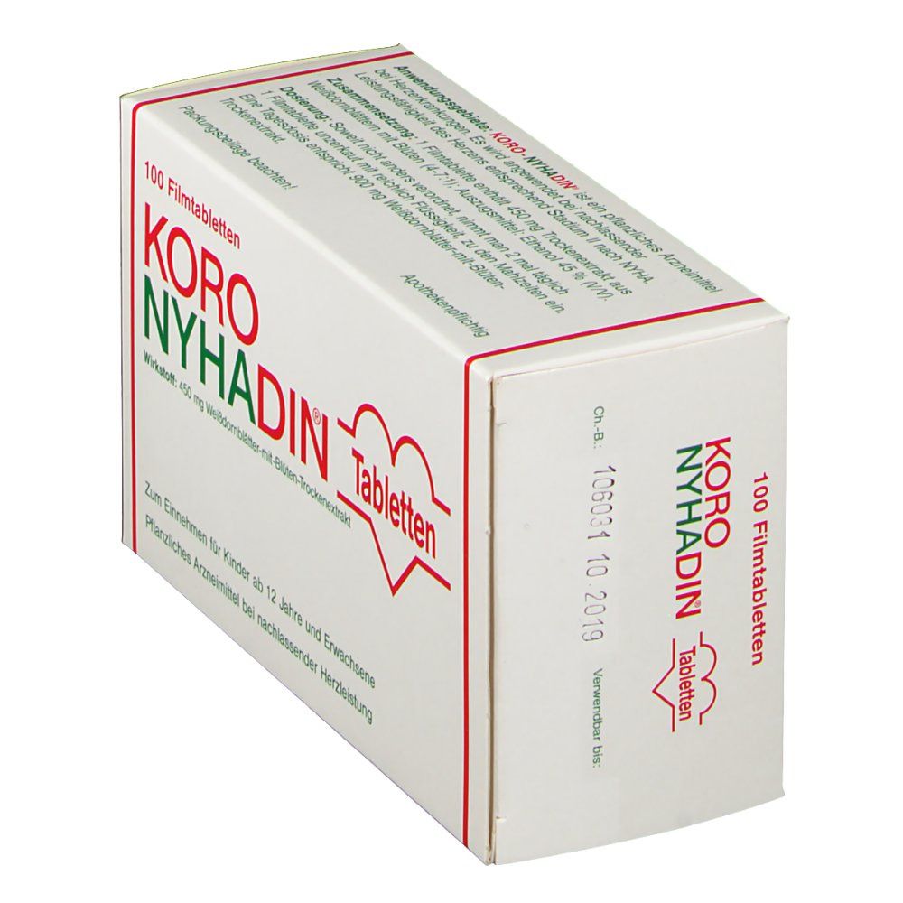 Tablettenbox, weiß mit roter und grüner Schrift. Aufschrift: KORO NYHADIN Tabletten. 100 Filmtabletten. Schrägansicht.