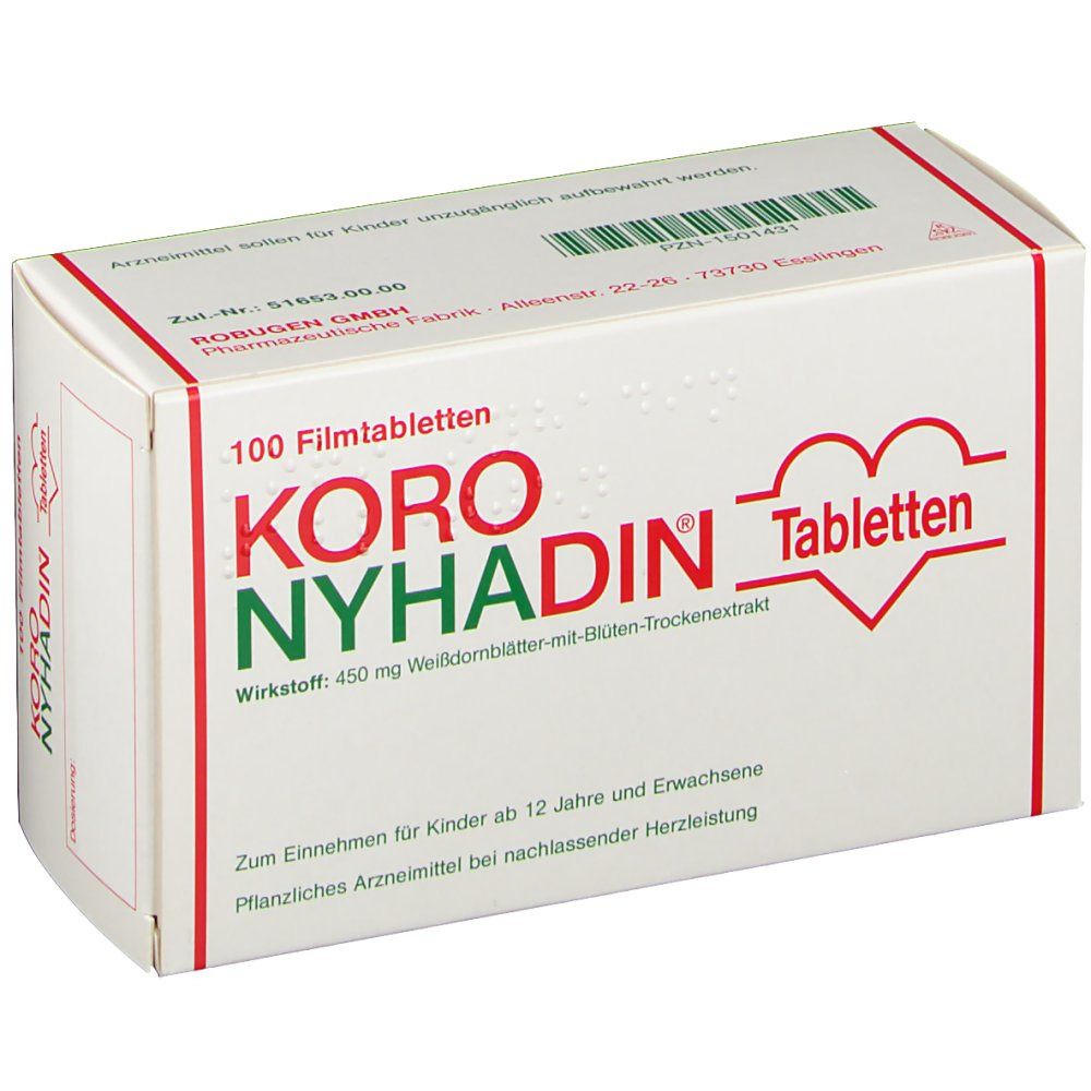 Weiße Tablettenbox mit roter und grüner Schrift. Aufschrift: KORO NYHADIN Tabletten. 100 Filmtabletten.