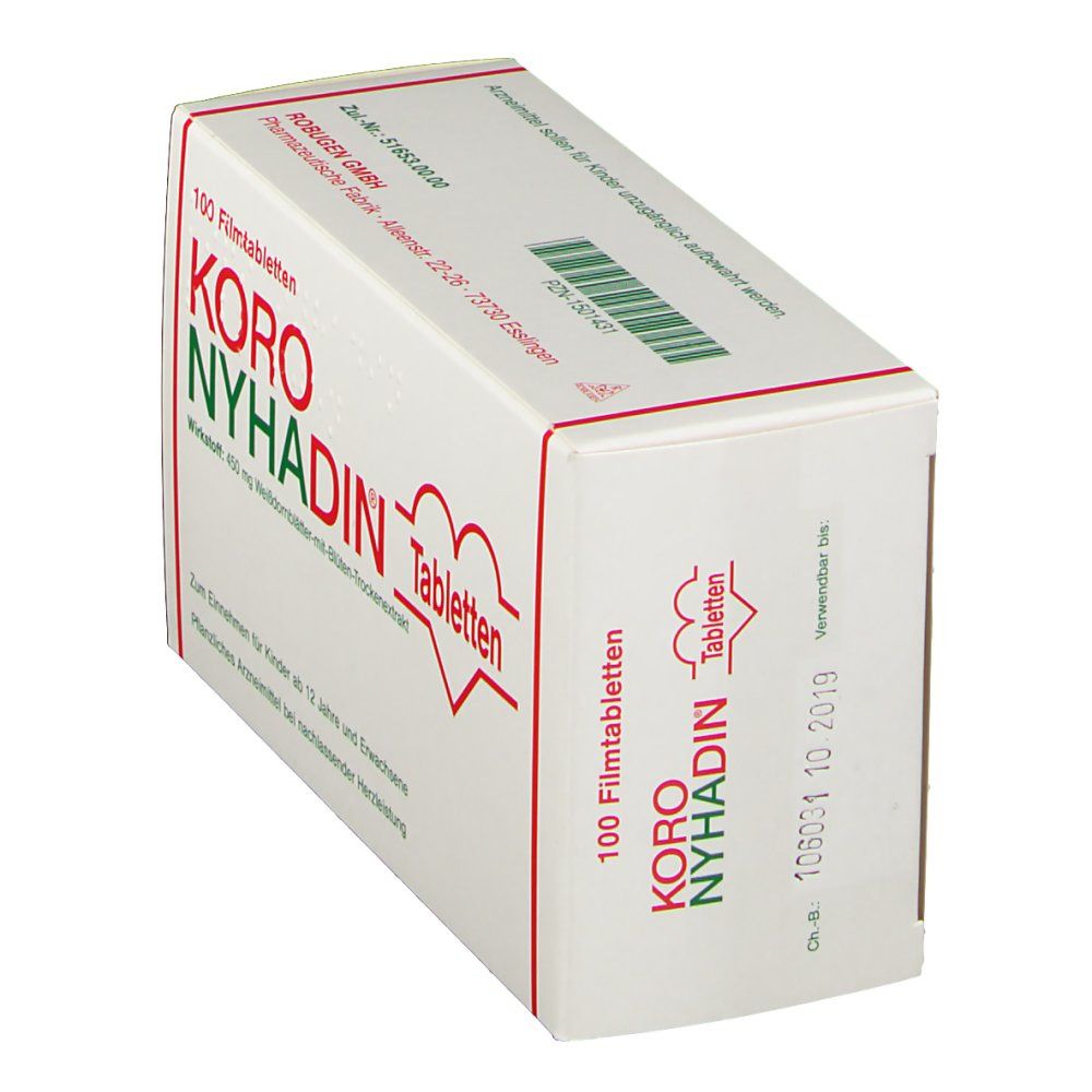 Tablettenbox, weiß mit roter und grüner Schrift. Aufschrift: KORO NYHADIN Tabletten. 100 Filmtabletten. Schrägansicht.