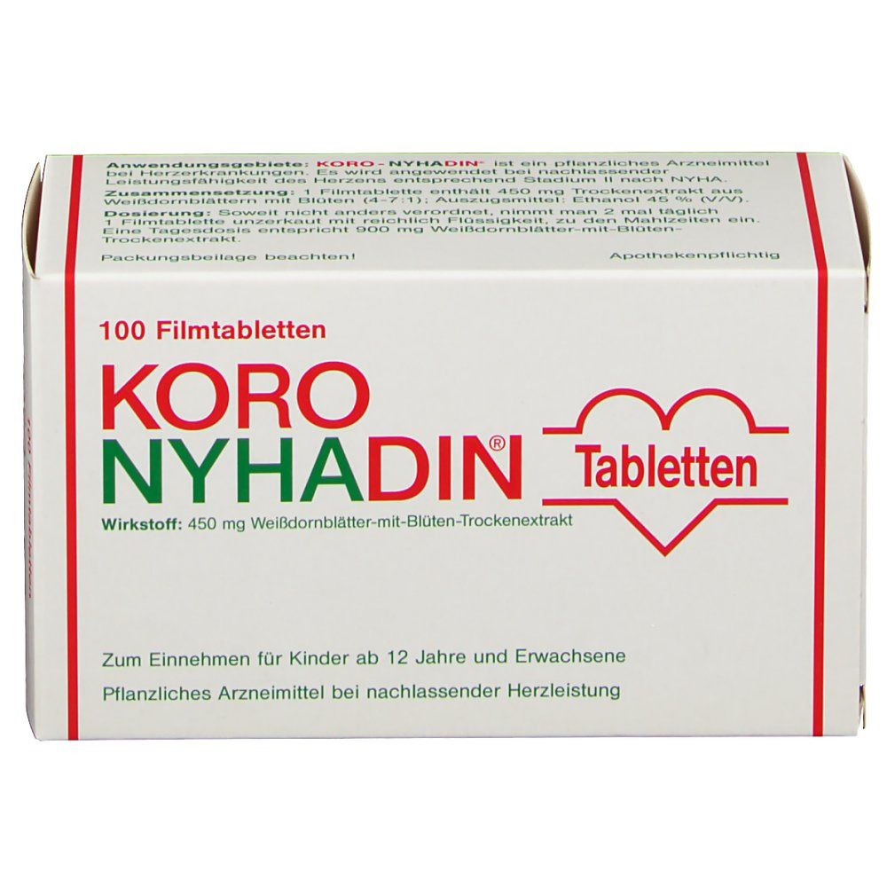 Weiße Tablettenbox mit roter und grüner Schrift. Aufschrift: KORO NYHADIN Tabletten. 100 Filmtabletten.