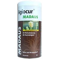 Agiocur Madaus Granulat-Dose. Weißer Deckel, brauner Behälter. Aufschrift: Agiocur Madaus, Pflanzenabbildung, Text.