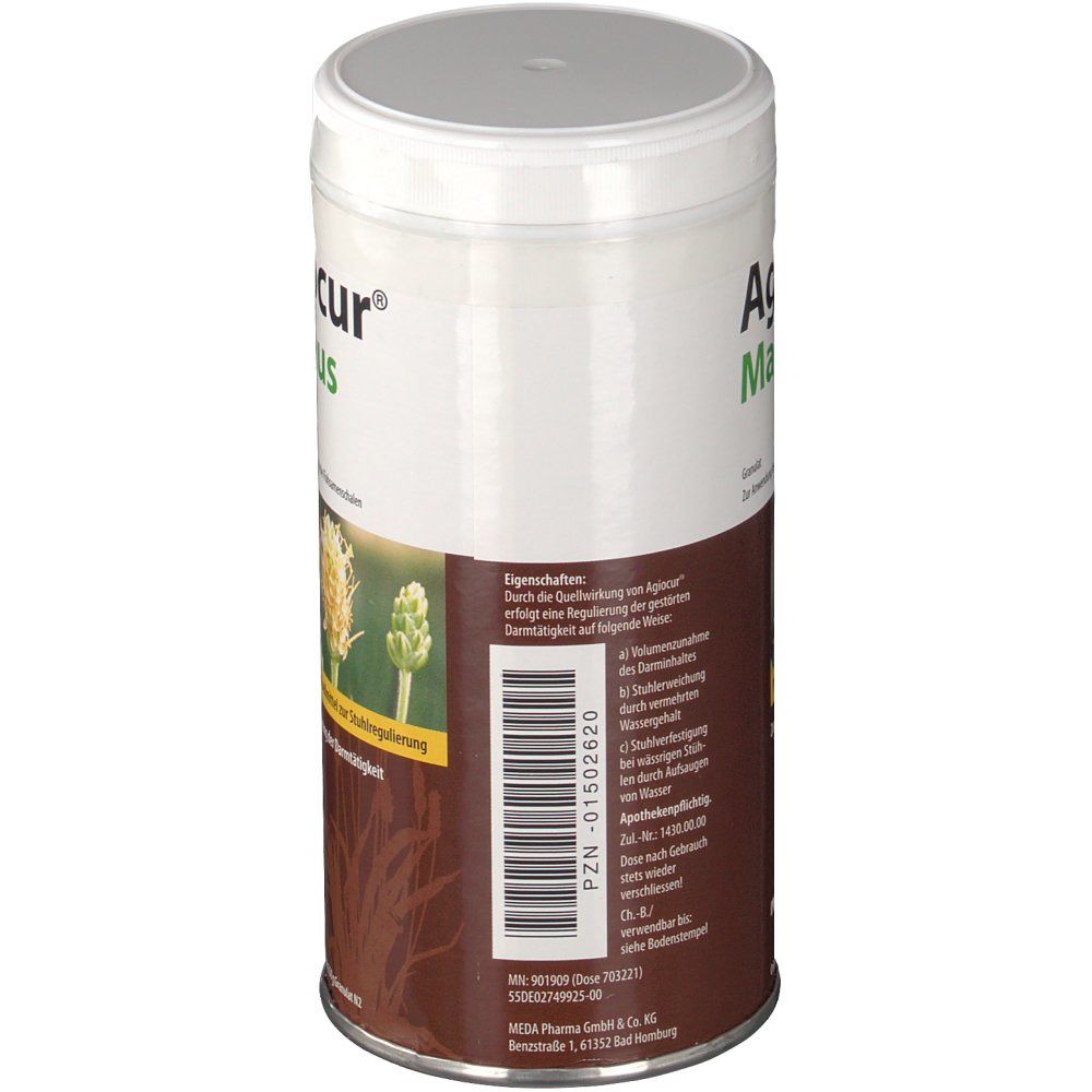 Agiocur Madaus Granulat-Dose. Rückseite mit Text und Barcode. Weißer Deckel, brauner Behälter.