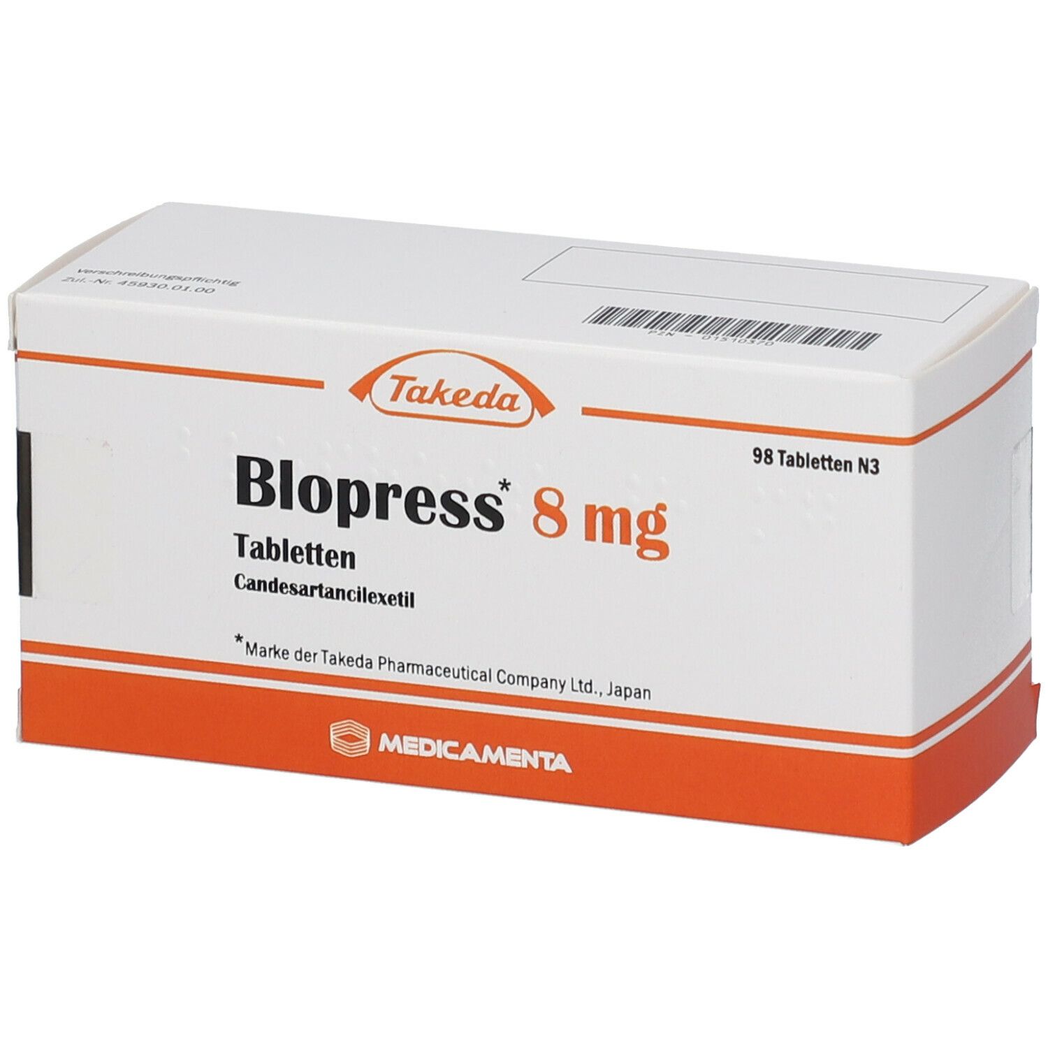 Weiße Tablettenbox mit Aufschrift Blopress 8 mg, Takeda Logo. Enthält 98 Tabletten.