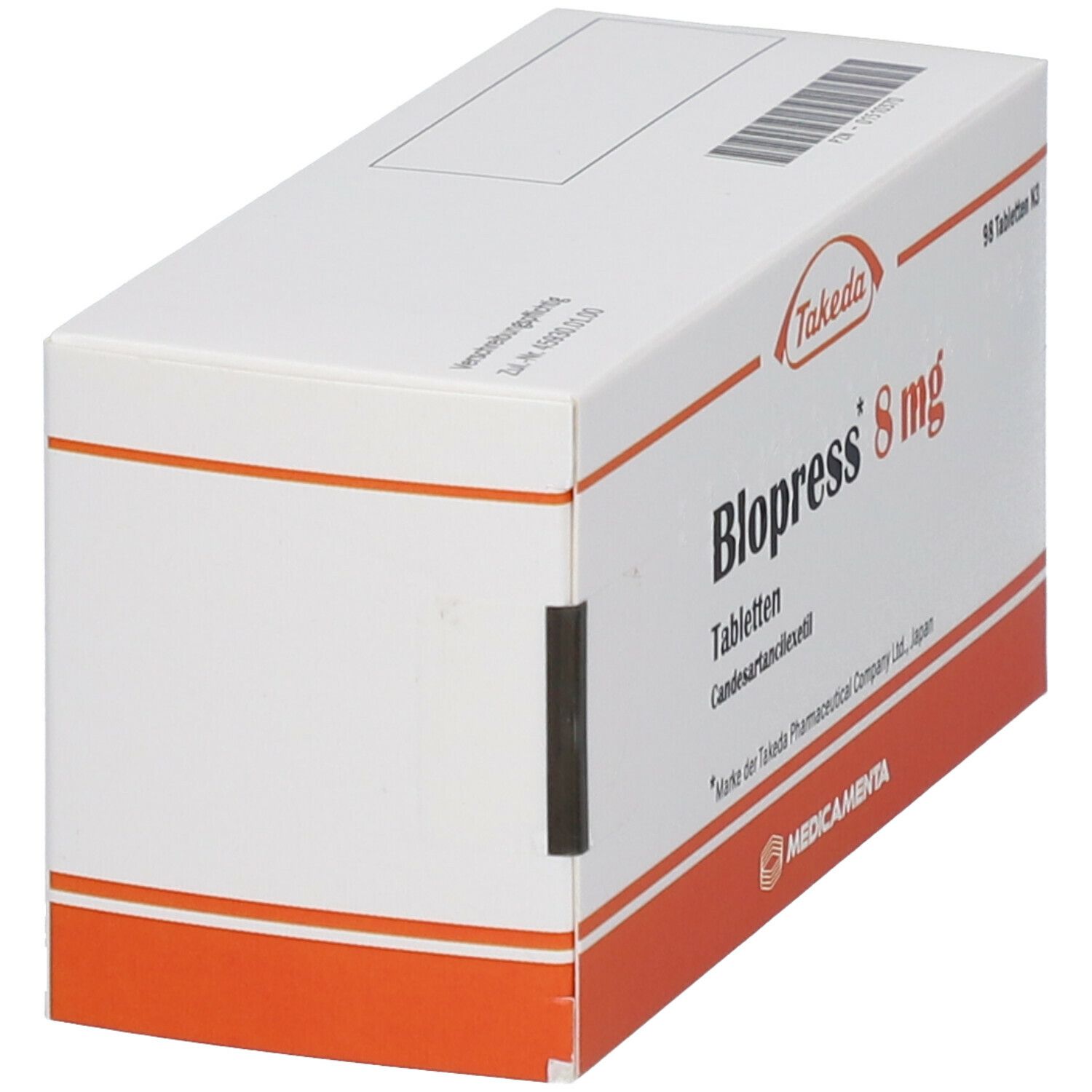 Schräg gestellte Tablettenbox mit Blopress 8 mg Aufschrift und Takeda Logo. Weiße Box mit orangefarbenen Akzenten.