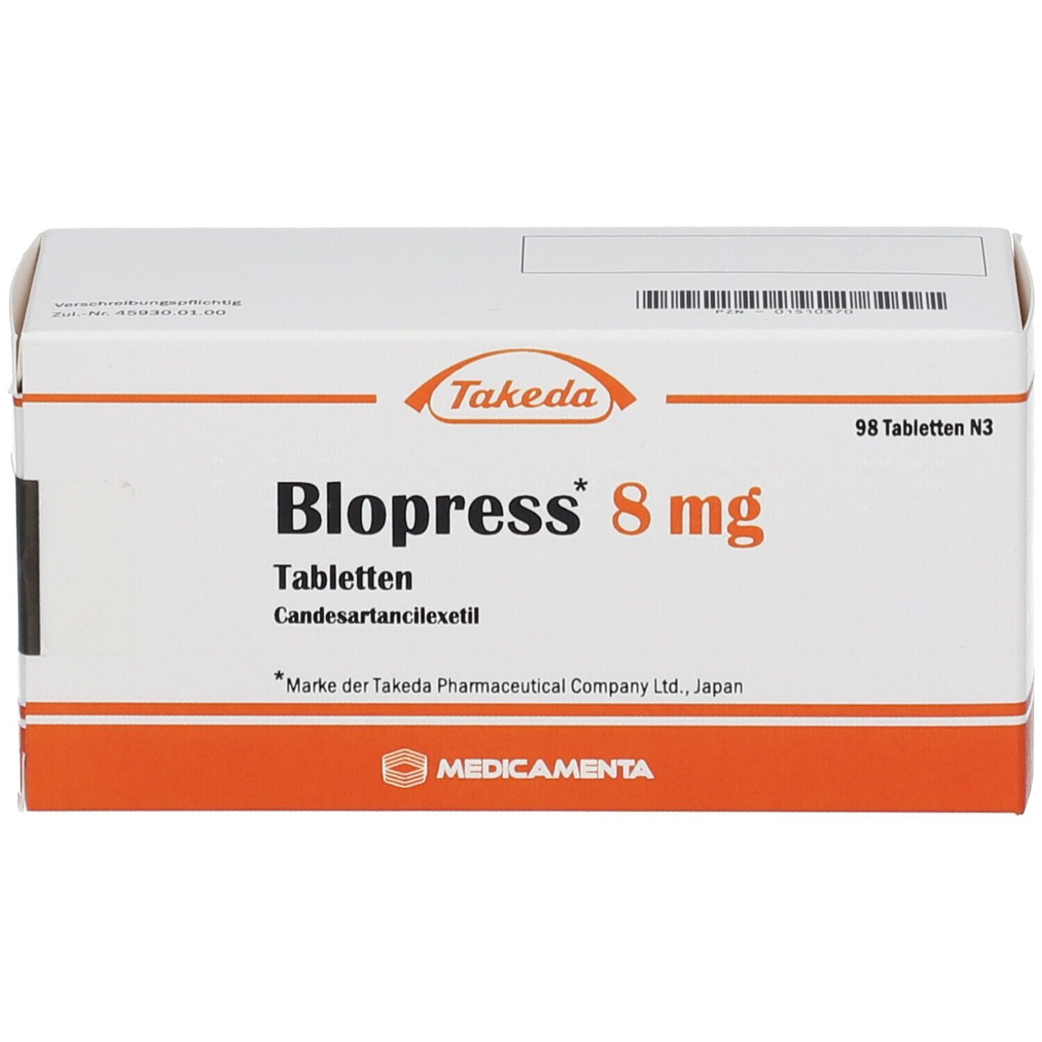 Weiße Tablettenbox mit Blopress 8 mg Aufschrift, Takeda Logo. Enthält 98 Tabletten.