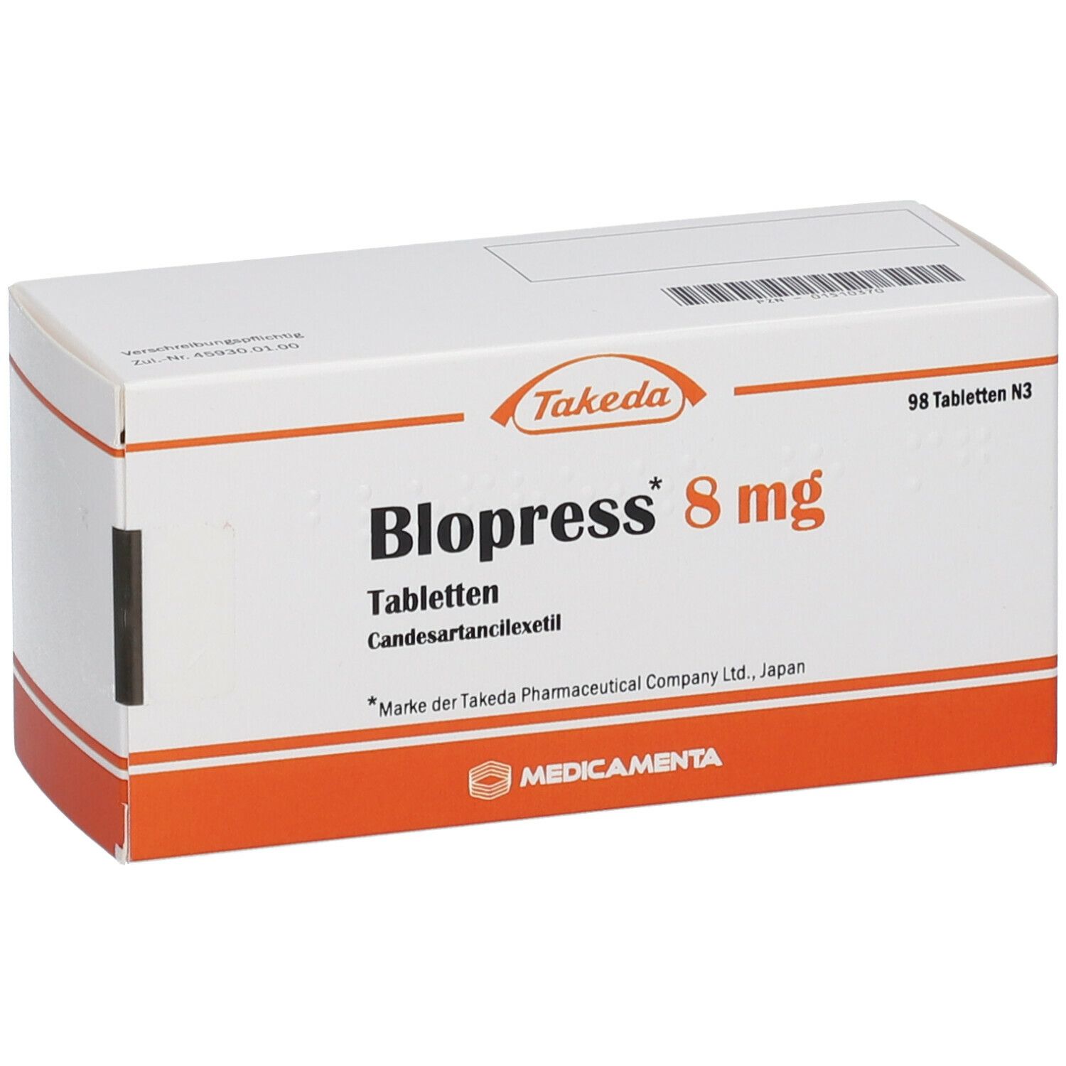 Weiße Tablettenbox mit Blopress 8 mg Aufschrift, Takeda Logo. Enthält 98 Tabletten.